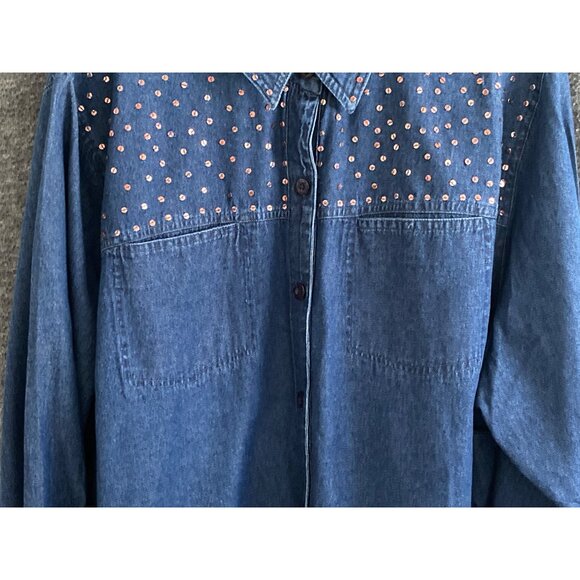 VTG New Direction Woman Denim Shirt Jacket LS Copper Sequin Double Breast 3X - Picture 5 of 10
